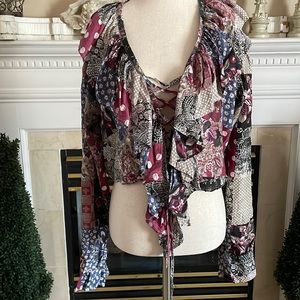 Beautiful /colorful detail blouse /tie front /short length/silky material